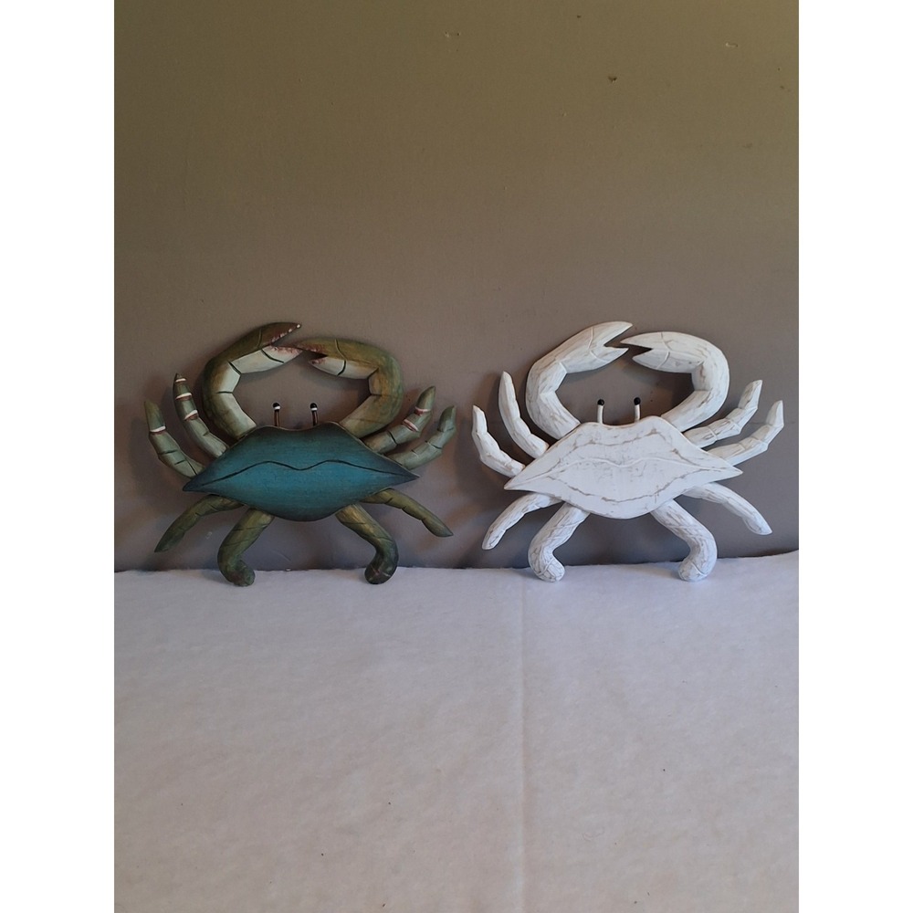 Hand-Carved Pair Of Wooden Crabs Wall Decor By Joanna Ferrara. Made In Indonesia